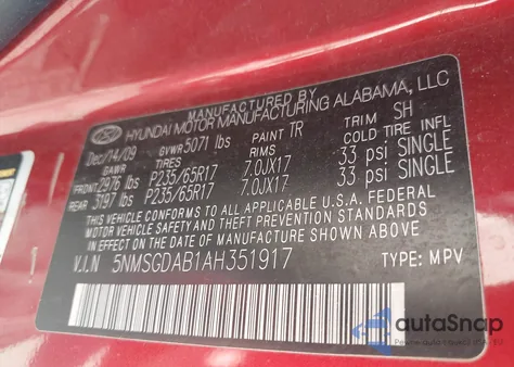 2010 Hyundai Santa Fe Gls from USA, damaged, VIN 5NMSGDAB1AH351917